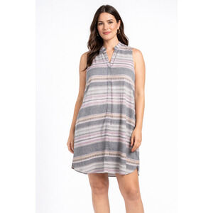 Woolrich Sleeveless Shift Dress L Purple Gray Stripe Cotton Button Front